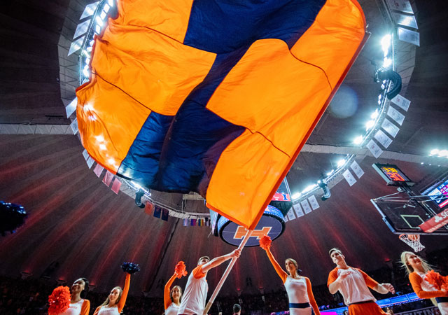 Illini cheerleaders at a basketball game