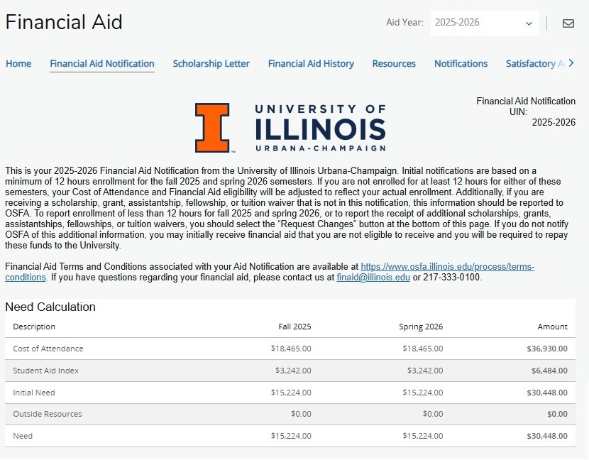 screenshot of a sample financial aid notification showing a breakdown of the cost of attendance and provided aid