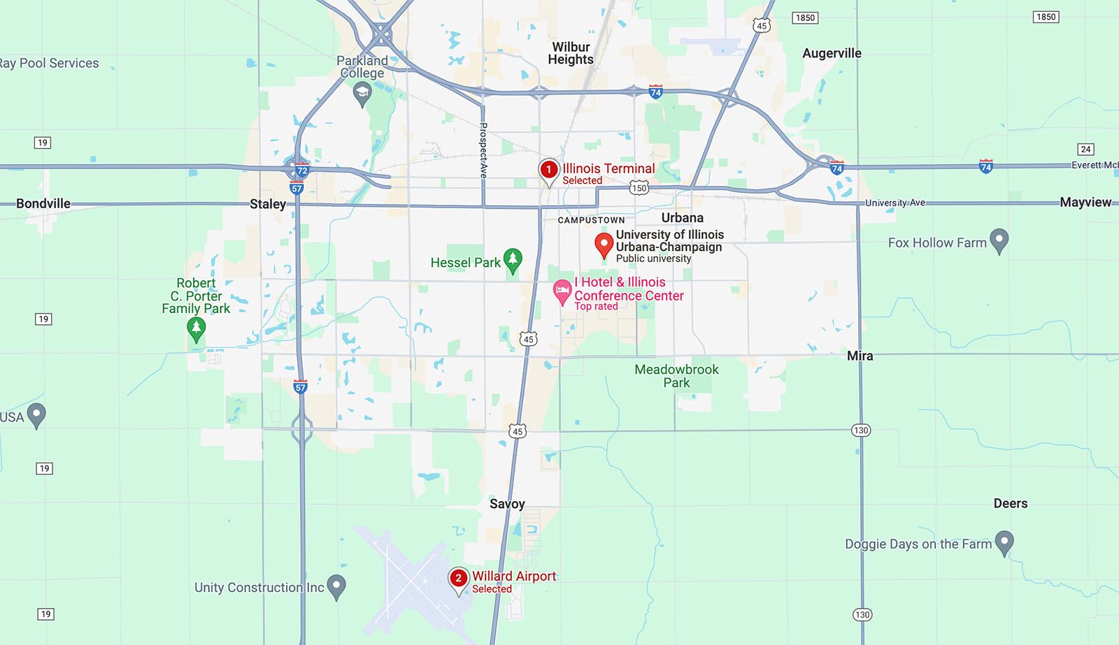 Google map view of the University of Illinois Urbana-Champaign and the surrounding area, notably Illinois Terminal and Willard Airport
