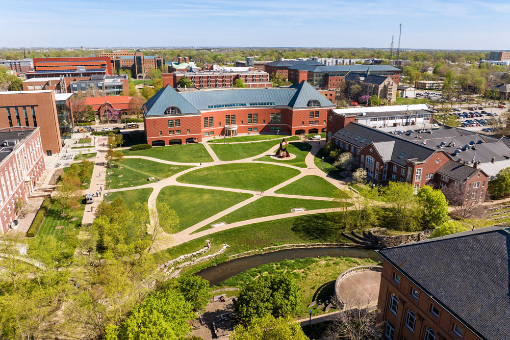 aerial view of the Bardeen Quad in the early spring