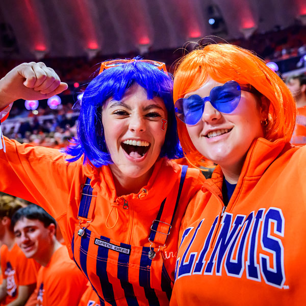 Orange Krush fans in orange and blue show their spirit at Illinois basketball game