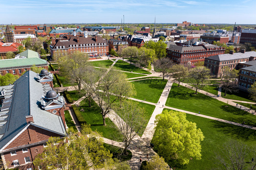 aerial view of the main Quad in the early spring