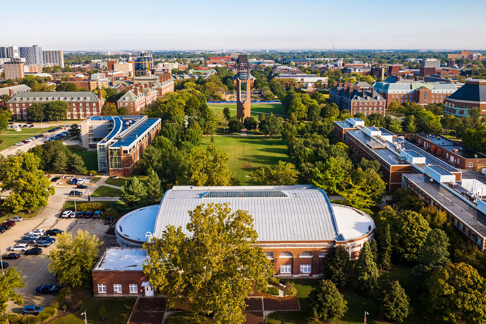 aerial of South Quad and McFarland Memorial Bell Tower