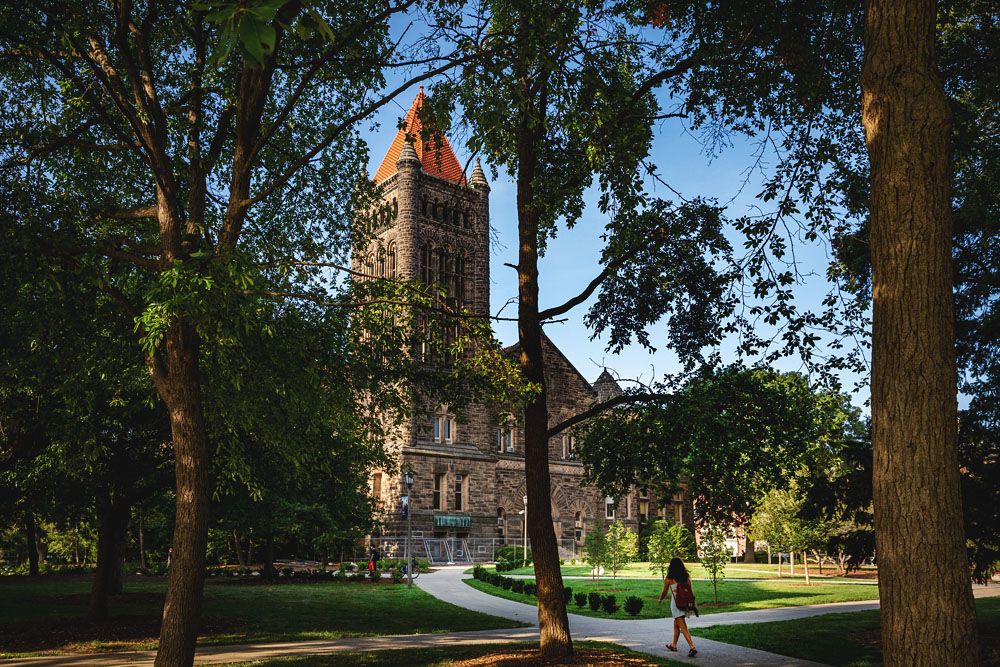 Altgeld Hall sits nestled amongst trees on the northwest corner of the Quad