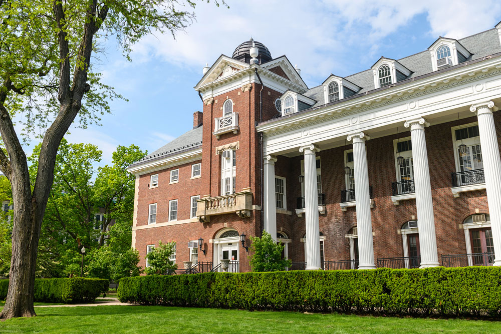view of the English Building and its pillars from the Quad