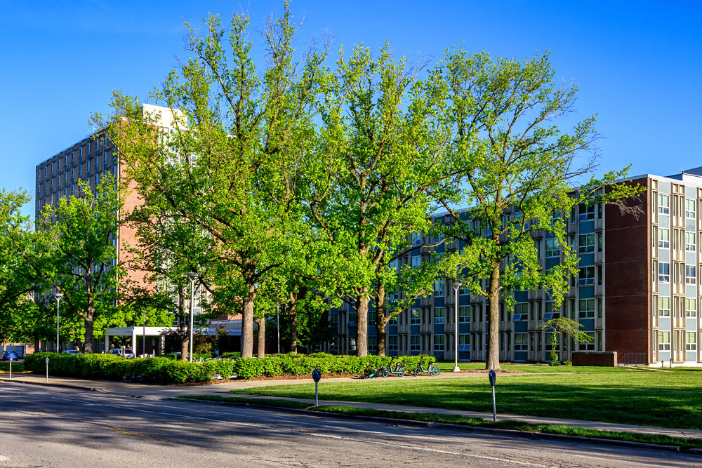Illinois Street Residence Hall's main entrance flanked by Townsend and Wardall