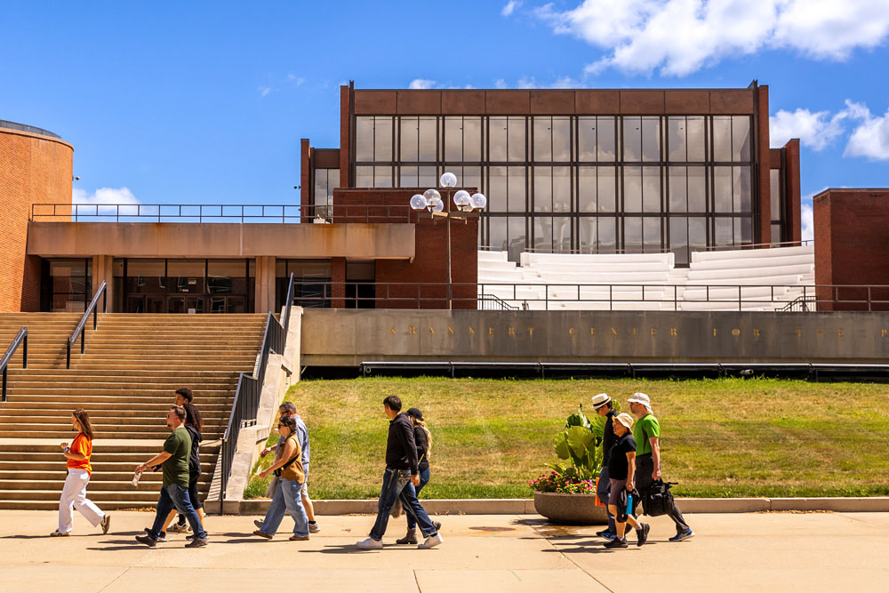 group tours past the main west entrance of Krannert Center for the Performing Arts