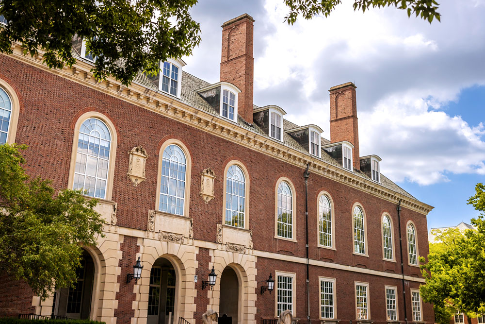 east entrance to the Main Library with blue sky above