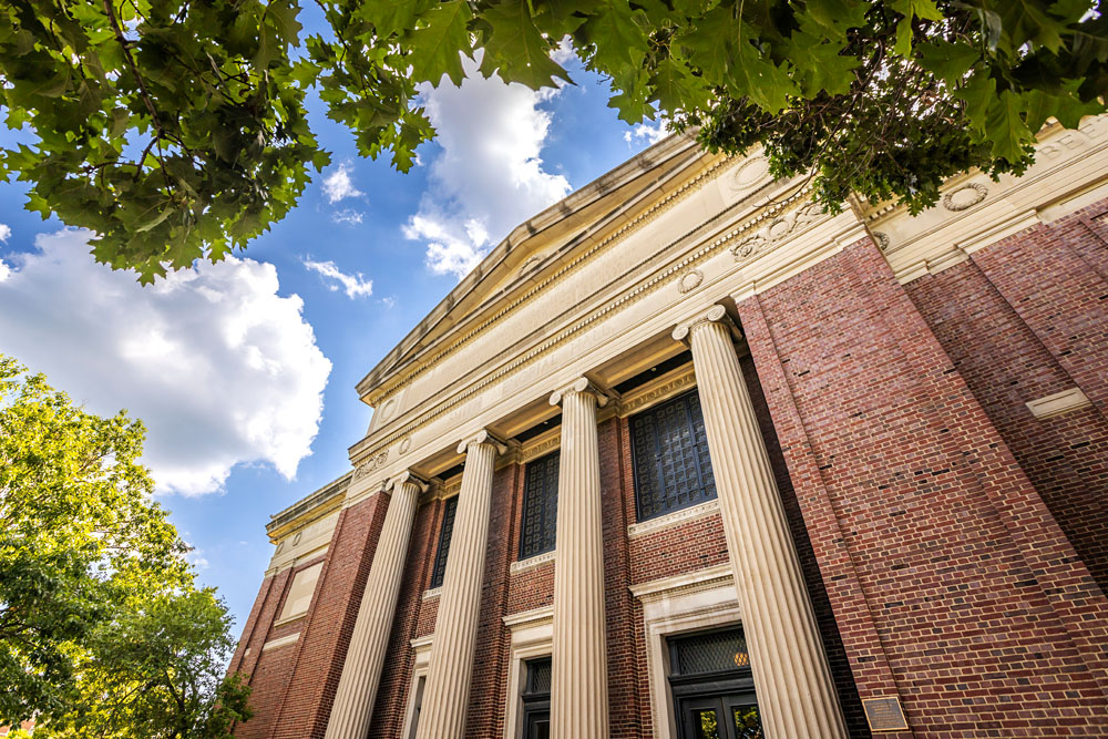 Smith Memorial Hall's entrance with two-story pillars